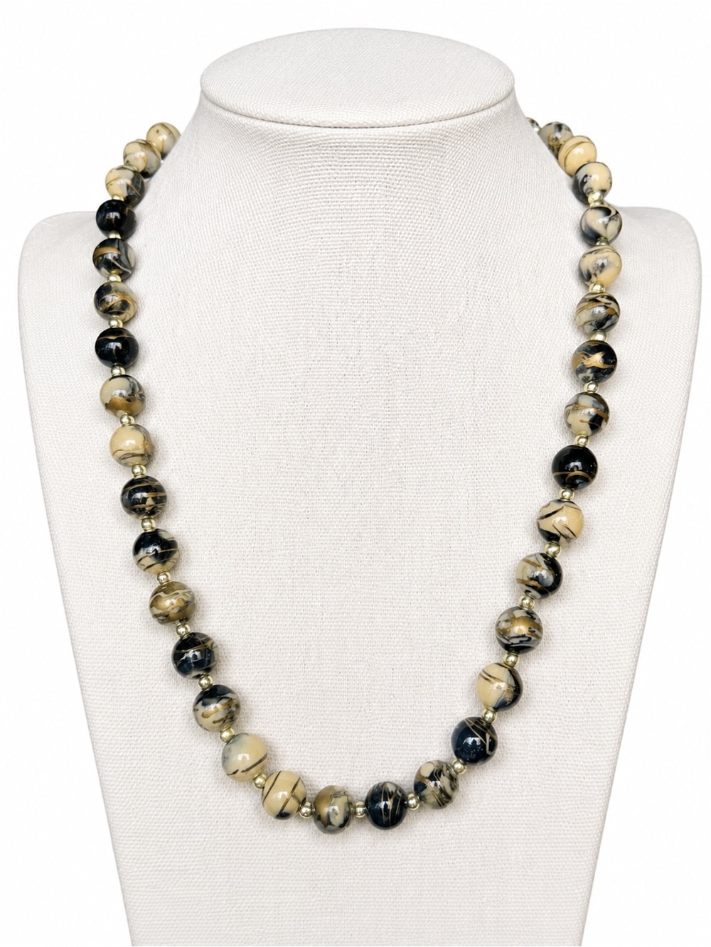 Tiger Bead Necklace Black Tan Swirl Glass Beads Neutral Statement